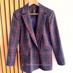 Mode Wool Plaid Blazer Women’s Double Breasted Tailored Jacket Blue and Plum (M)